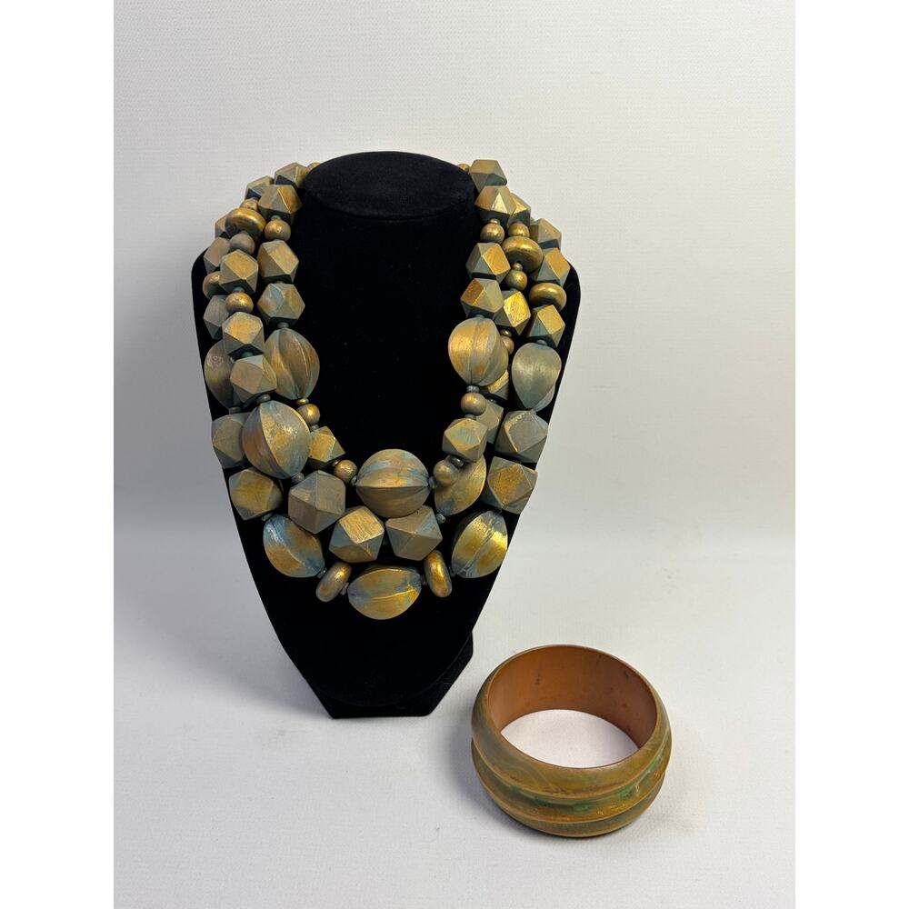 Rafael Sanchez Wooden Gold Brushed Over Blue Layered Necklace w Bangle Vintage